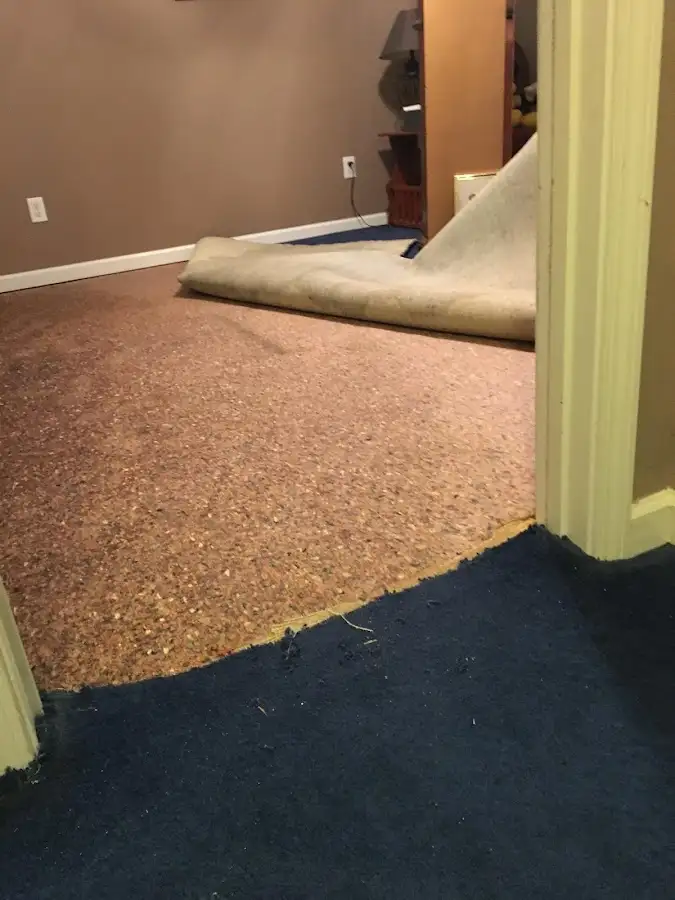 Carpet pad removal revealing water damage during Water Mitigation Services in Somerdale
